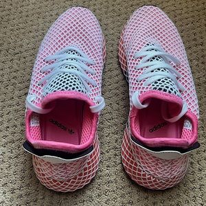 Adidas womens sneakers white pink red and black.